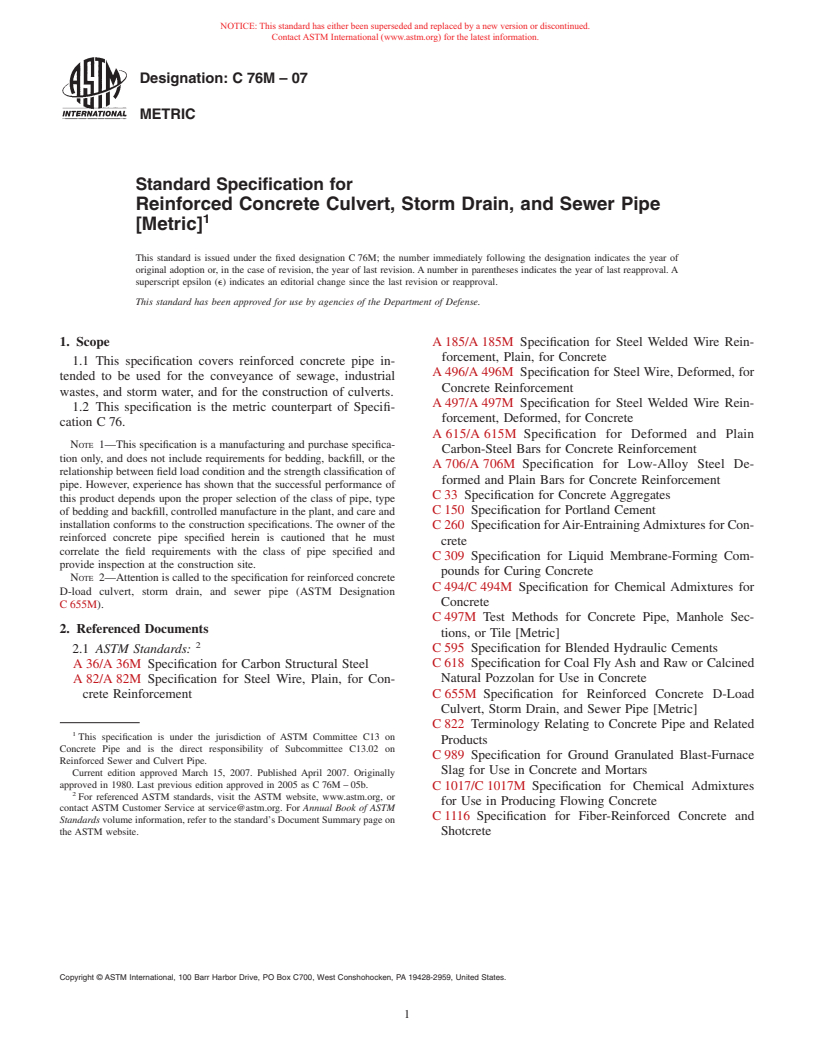 ASTM C76M-07 - Standard Specification for Reinforced Concrete Culvert, Storm Drain, and Sewer Pipe (Metric)