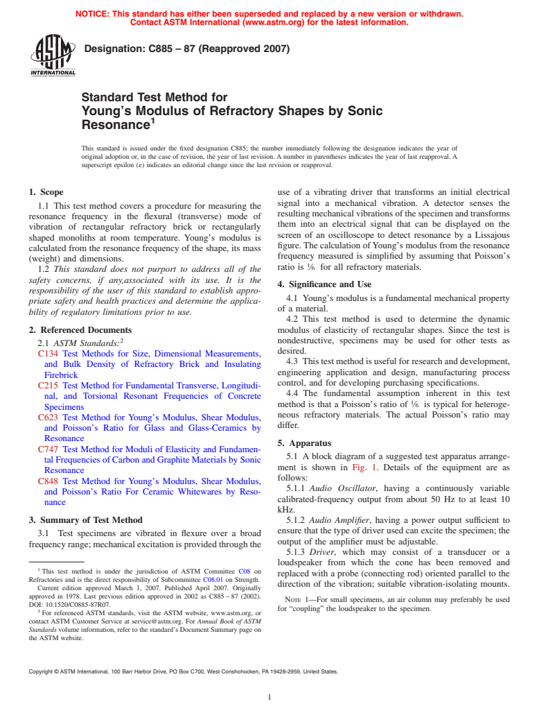 ASTM C885-87(2007) - Standard Test Method for Young's Modulus of Refractory Shapes by Sonic Resonance