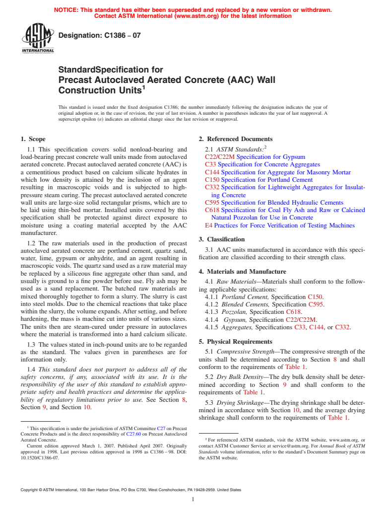 ASTM C1386-07 - Standard Specification for Precast Autoclaved Aerated Concrete (AAC) Wall Construction Units (Withdrawn 2013)