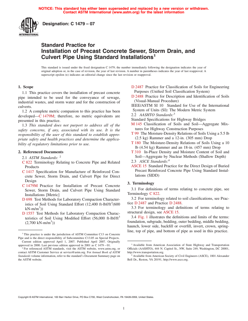 ASTM C1479-07 - Standard Practice for Installation of Precast Concrete Sewer, Storm Drain, and Culvert Pipe Using Standard Installations