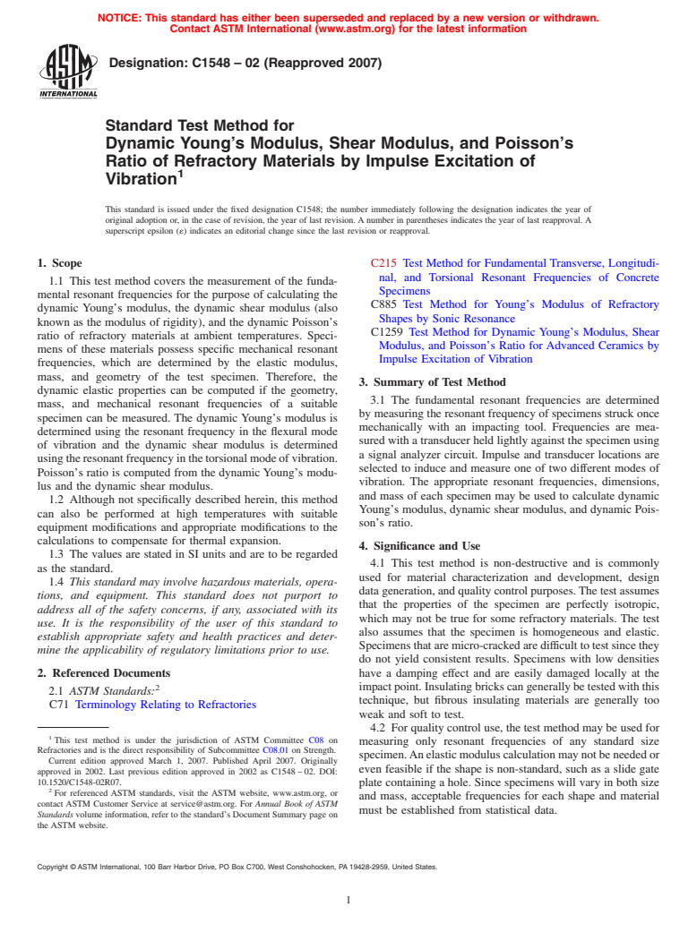 ASTM C1548-02(2007) - Standard Test Method for Dynamic Young's Modulus, Shear Modulus, and Poisson's Ratio of Refractory Materials by Impulse Excitation of Vibration