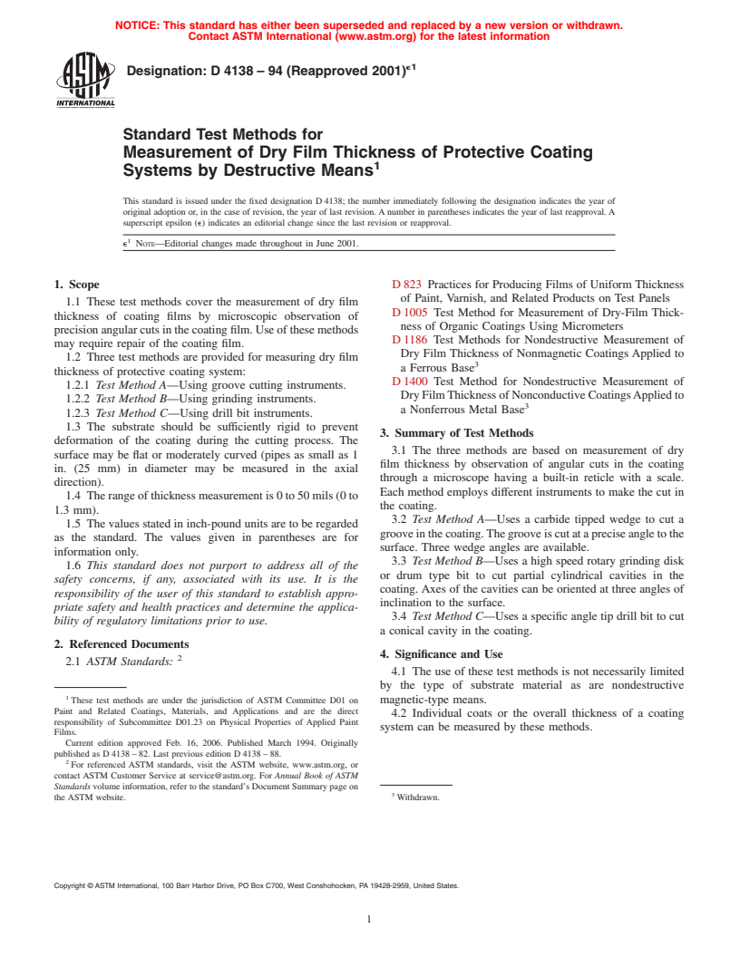 ASTM D4138-94(2001)e1 - Standard Test Methods for Measurement of Dry Film Thickness of Protective Coating Systems by Destructive Means