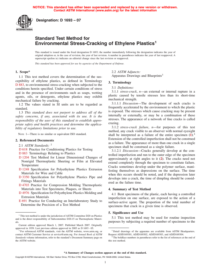 ASTM D1693-07 - Standard Test Method for Environmental Stress-Cracking of Ethylene Plastics