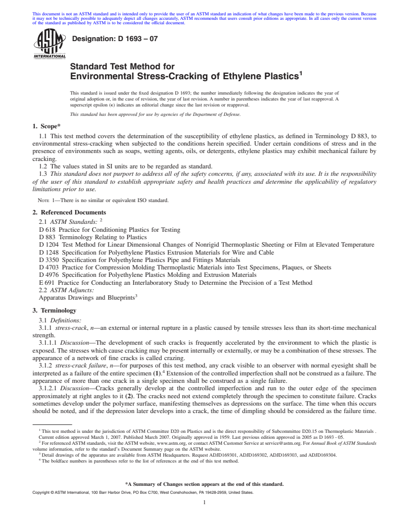 REDLINE ASTM D1693-07 - Standard Test Method for Environmental Stress-Cracking of Ethylene Plastics