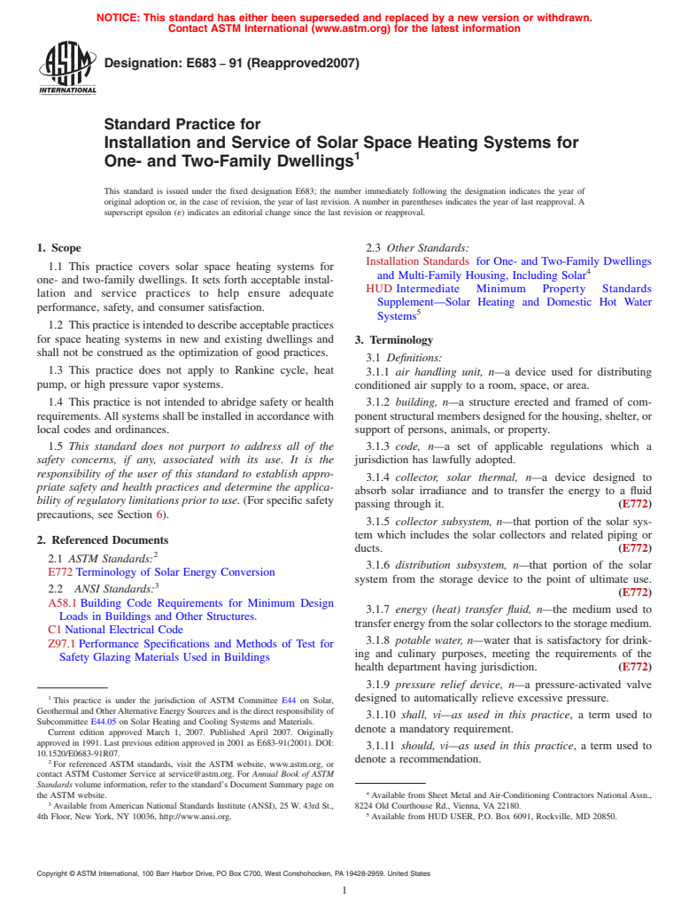 ASTM E683-91(2007) - Standard Practice for Installation and Service of Solar Space Heating Systems for One- and Two-Family Dwellings