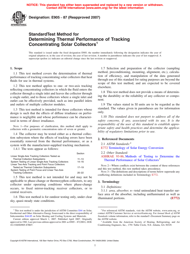 ASTM E905-87(2007) - Standard Test Method for Determining Thermal Performance of Tracking Concentrating Solar Collectors