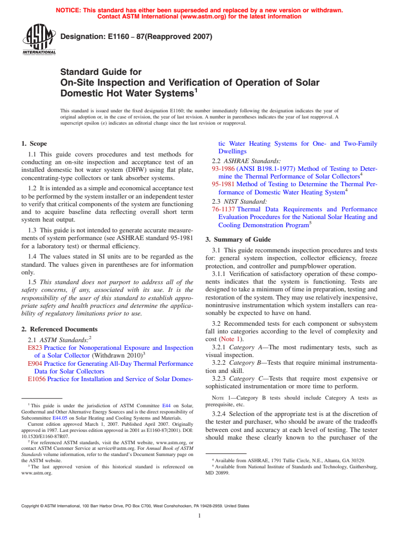 ASTM E1160-87(2007) - Standard Guide for On-Site Inspection and Verification of Operation of Solar Domestic Hot Water Systems