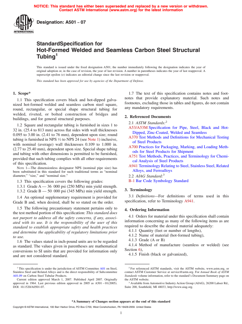 ASTM A501-07 - Standard Specification for Hot-Formed Welded and Seamless Carbon Steel Structural Tubing