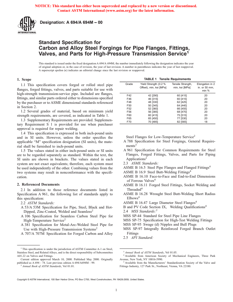 ASTM A694/A694M-00 - Standard Specification for Carbon and Alloy Steel Forgings for Pipe Flanges, Fittings, Valves, and Parts for High-Pressure Transmission Service