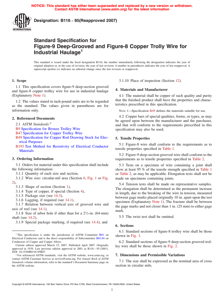 ASTM B116-95(2007) - Standard Specification for Figure-9 Deep-Grooved and Figure-8 Copper Trolly Wire for Industrial Haulage