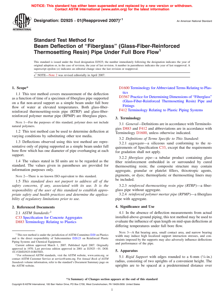 ASTM D2925-01(2007)e1 - Standard Test Method for Beam Deflection of "Fiberglass" (Glass-Fiber-Reinforced Thermosetting Resin) Pipe Under Full Bore Flow