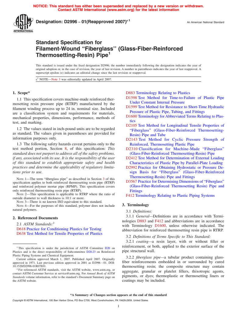 ASTM D2996-01(2007)e1 - Standard Specification for Filament-Wound "Fiberglass" (Glass-Fiber-Reinforced Thermosetting-Resin) Pipe