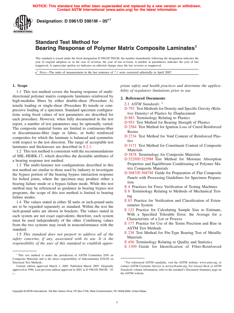 ASTM D5961/D5961M-05e1 - Standard Test Method for Bearing Response of Polymer Matrix Composite Laminates