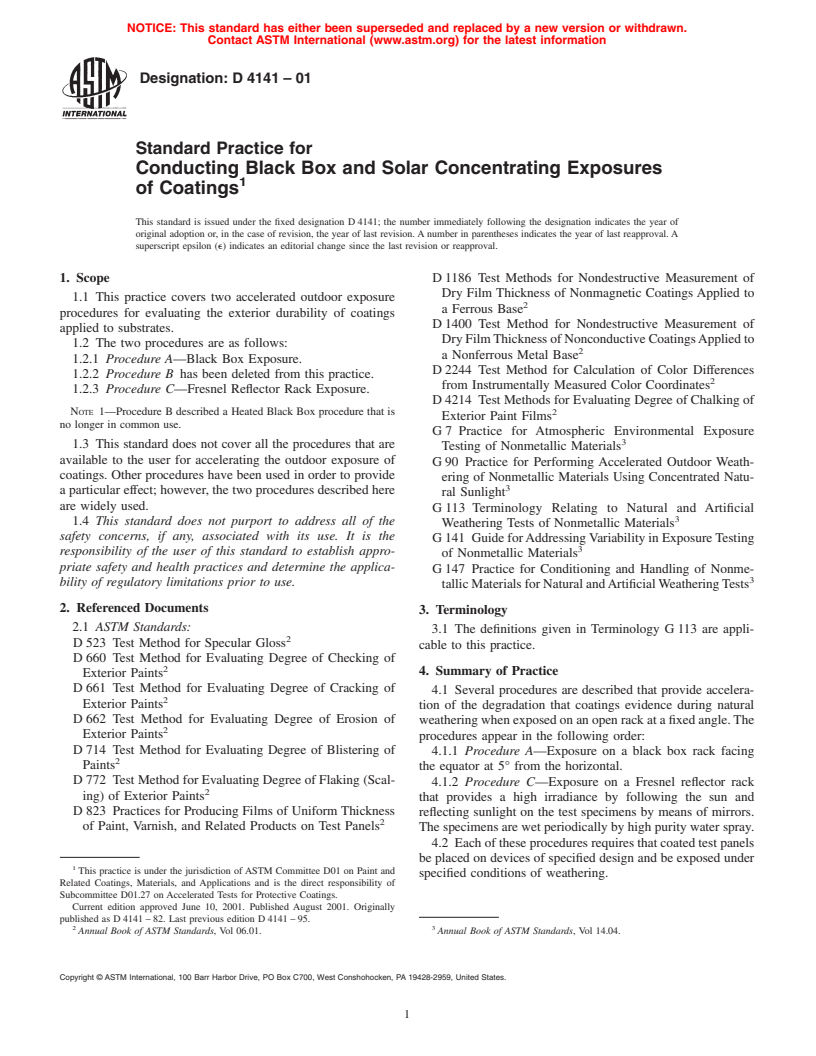 ASTM D4141-01 - Standard Practice for Conducting Black Box and Solar Concentrating Exposures of Coatings