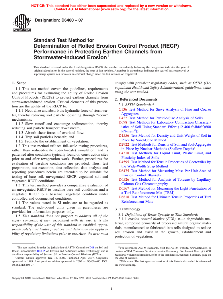 ASTM D6460-07 - Standard Test Method for Determination of Rolled Erosion Control Product (RECP) Performance in Protecting Earthen Channels from Stormwater-Induced Erosion