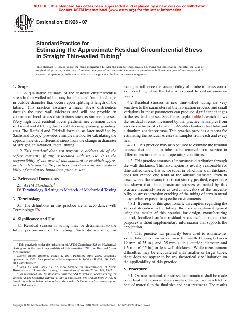 ASTM E1928-07 - Standard Practice for Estimating the Approximate Residual Circumferential Stress in Straight Thin-walled Tubing