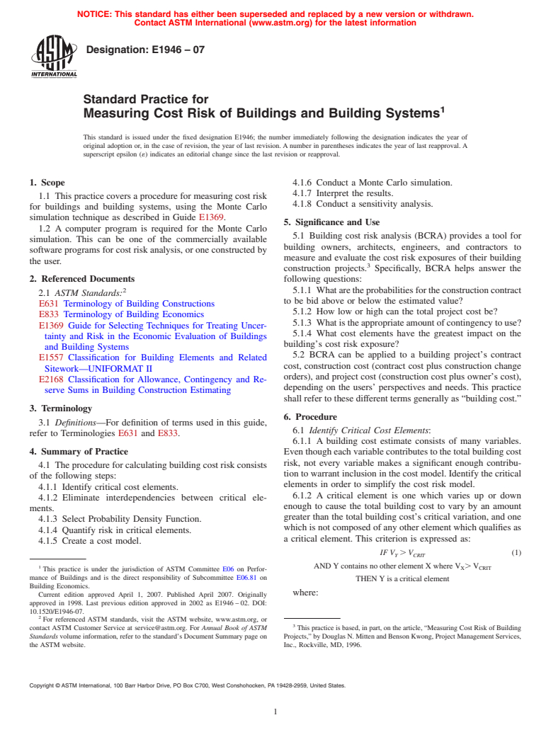 ASTM E1946-07 - Standard Practice for Measuring Cost Risk of Buildings and Building Systems