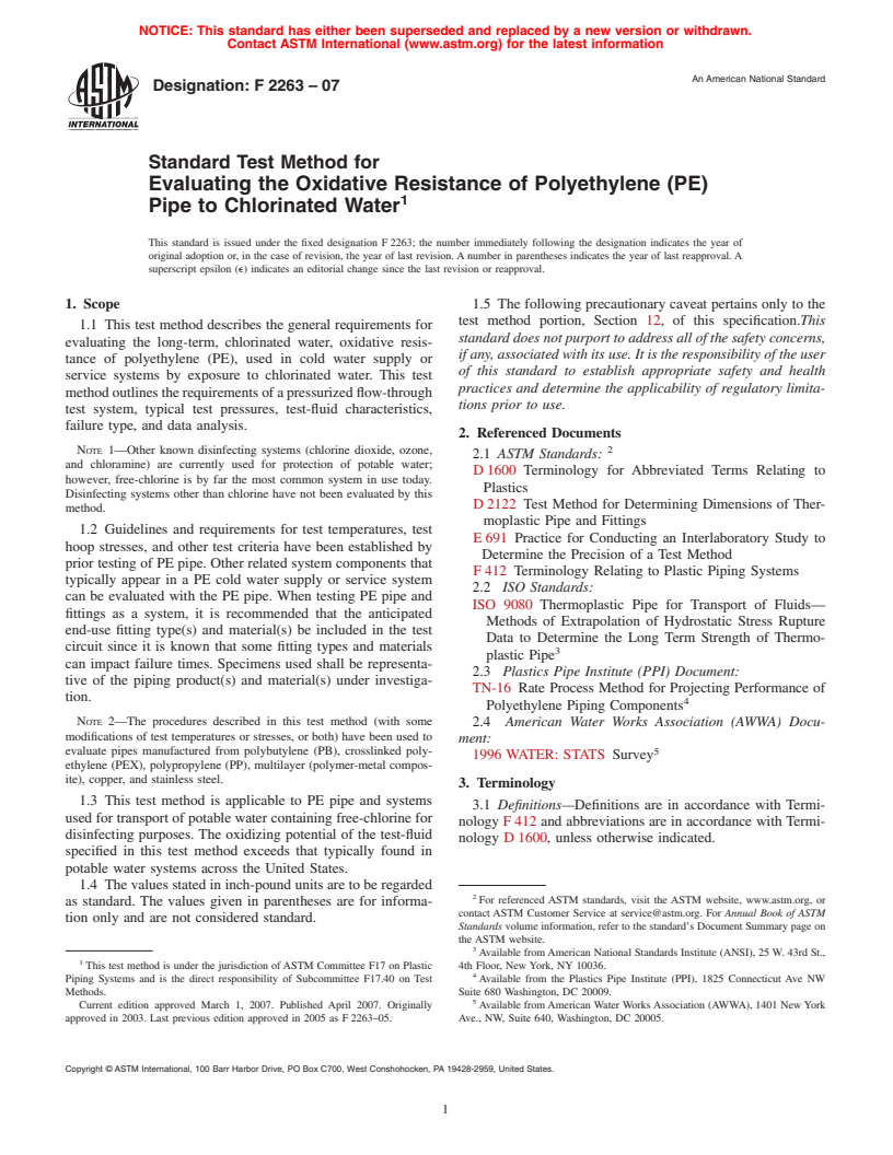 ASTM F2263-07 - Standard Test Method for Evaluating the Oxidative Resistance of Polyethylene (PE) Pipe to Chlorinated Water