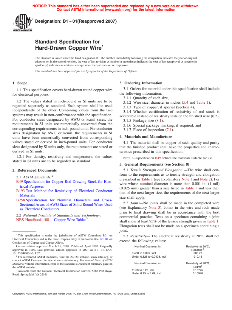 ASTM B1-01(2007) - Standard Specification for Hard-Drawn Copper Wire