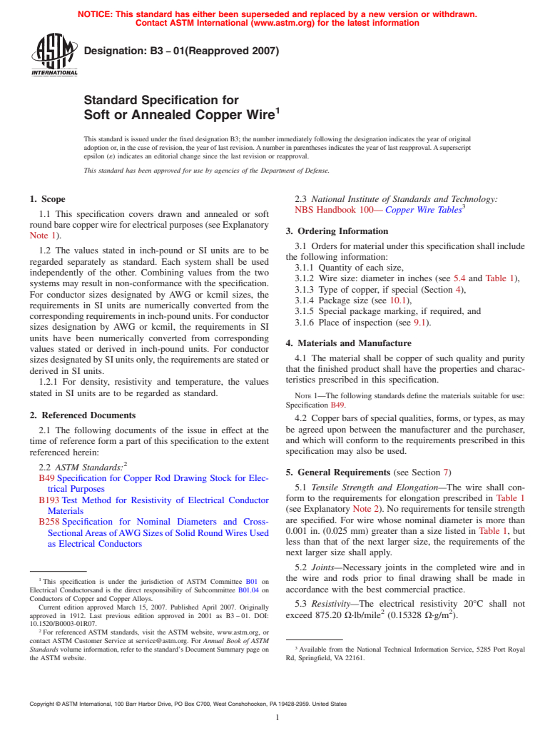 ASTM B3-01(2007) - Standard Specification for Soft or Annealed Copper Wire