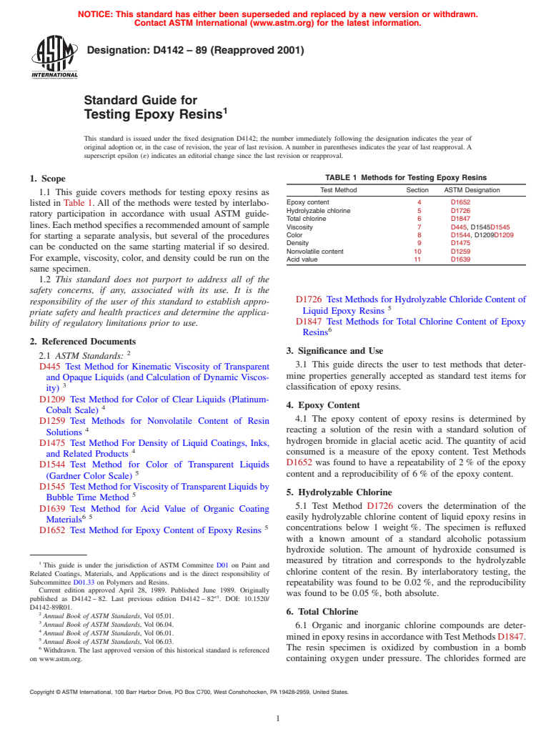 ASTM D4142-89(2001) - Standard Guide for Testing Epoxy Resins