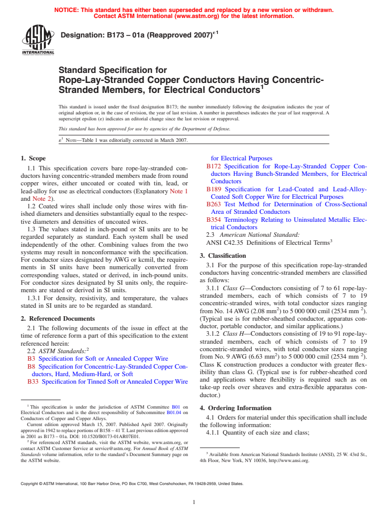 ASTM B173-01a(2007)e1 - Standard Specification for Rope-Lay-Stranded Copper Conductors Having Concentric-Stranded Members, for Electrical Conductors