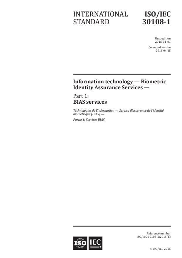 ISO/IEC 30108-1:2015 - Information technology -- Biometric Identity Assurance Services
