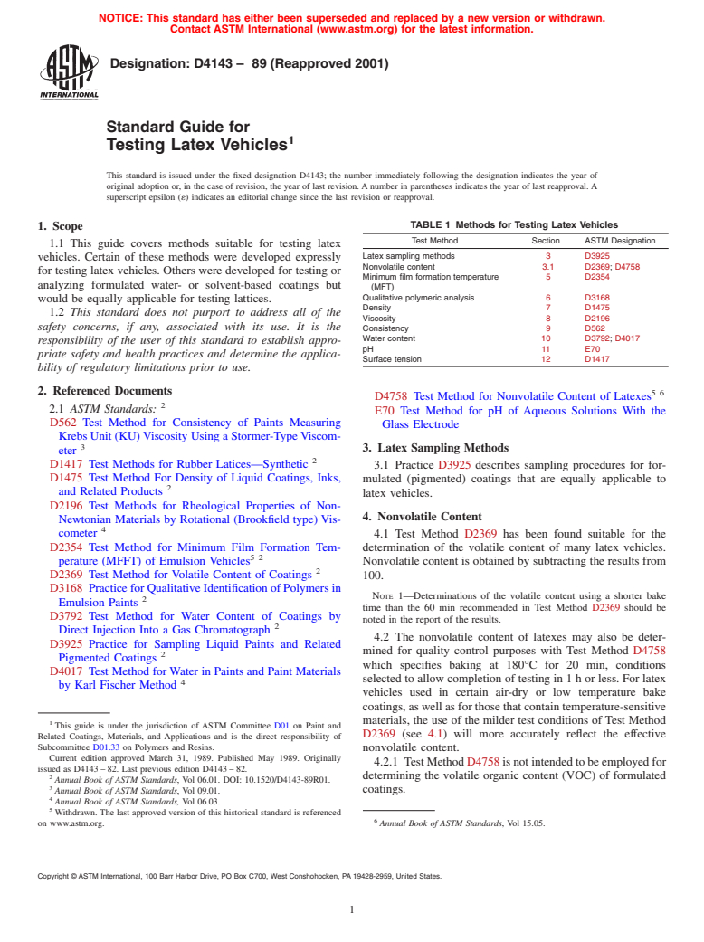 ASTM D4143-89(2001) - Standard Guide for Testing Latex Vehicles