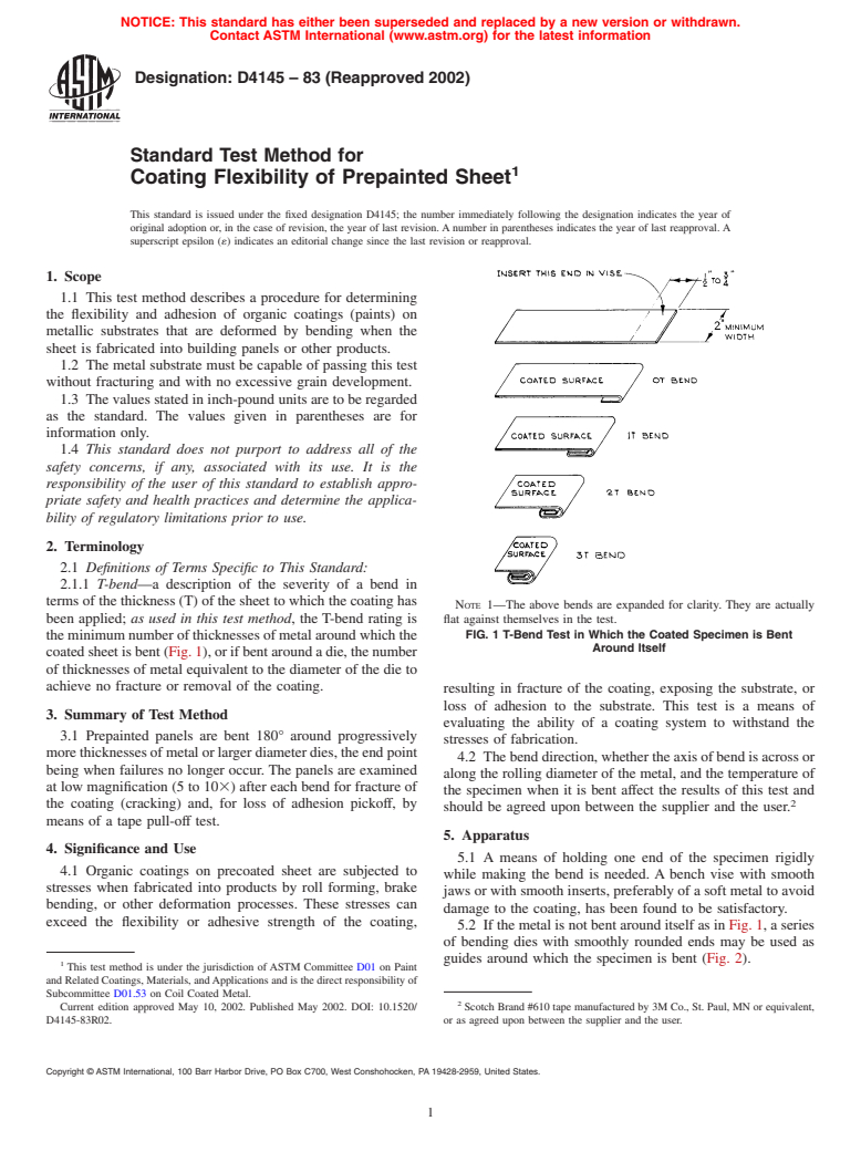 ASTM D4145-83(2002) - Standard Test Method for Coating Flexibility of Prepainted Sheet