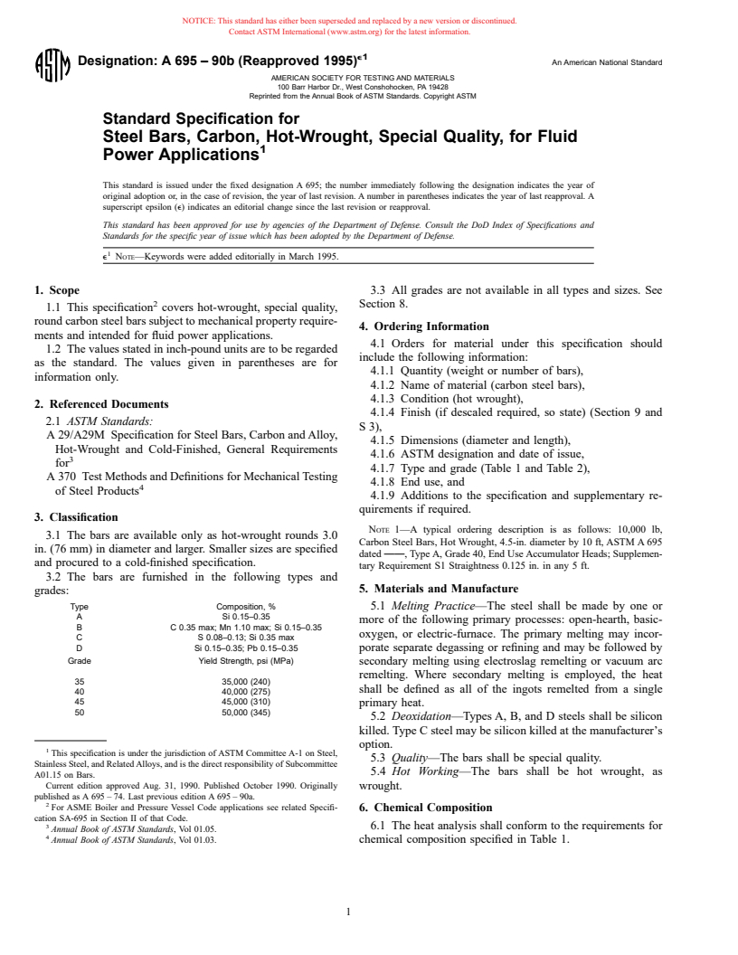 ASTM A695-90b(1995)e1 - Standard Specification for Steel Bars, Carbon, Hot-Wrought, Special Quality, for Fluid Power Applications (Withdrawn 2002)