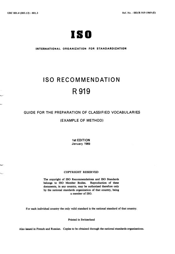 ISO/R 919:1969 - Guide for the preparation of classified vocabularies (example of method)