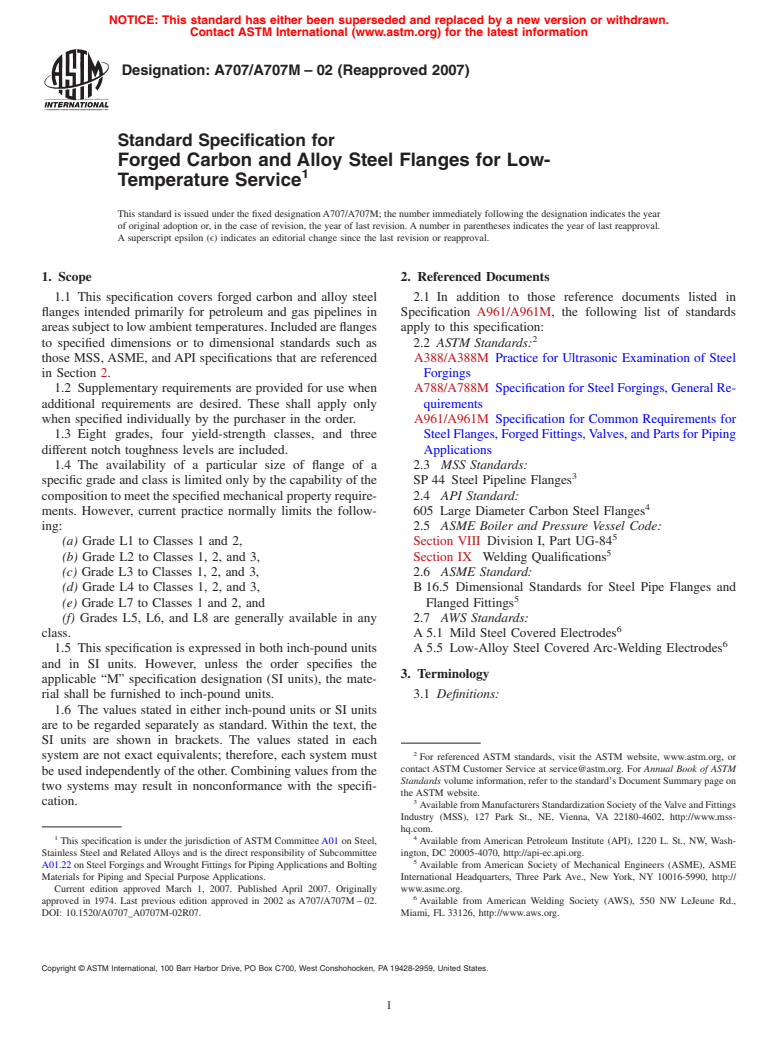 ASTM A707/A707M-02(2007) - Standard Specification for Forged Carbon and Alloy Steel Flanges for Low-Temperature Service