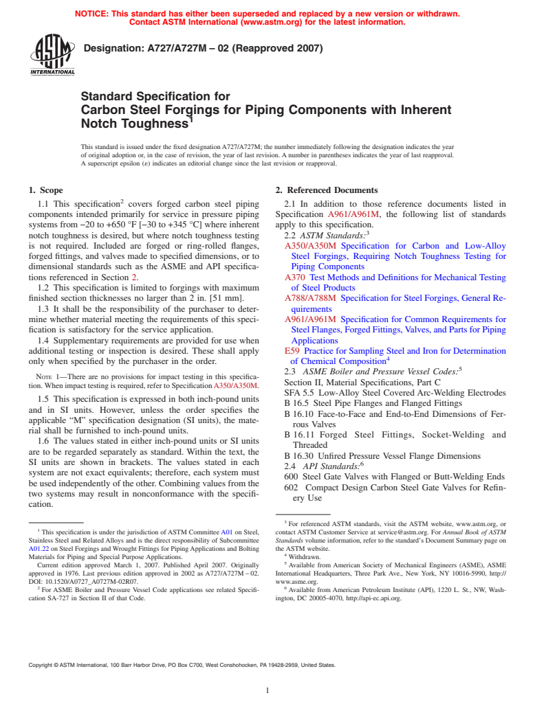 ASTM A727/A727M-02(2007) - Standard Specification for Carbon Steel Forgings for Piping Components with Inherent Notch Toughness