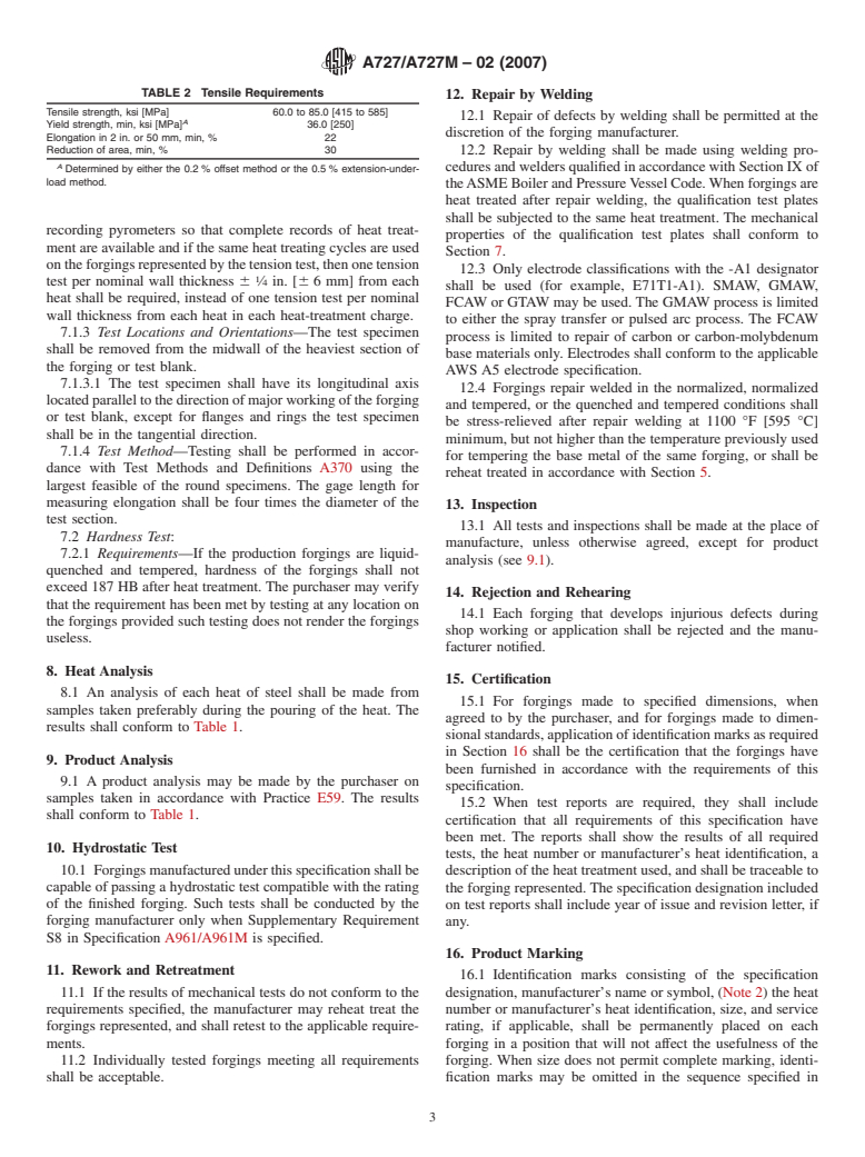 ASTM A727/A727M-02(2007) - Standard Specification for Carbon Steel Forgings for Piping Components with Inherent Notch Toughness