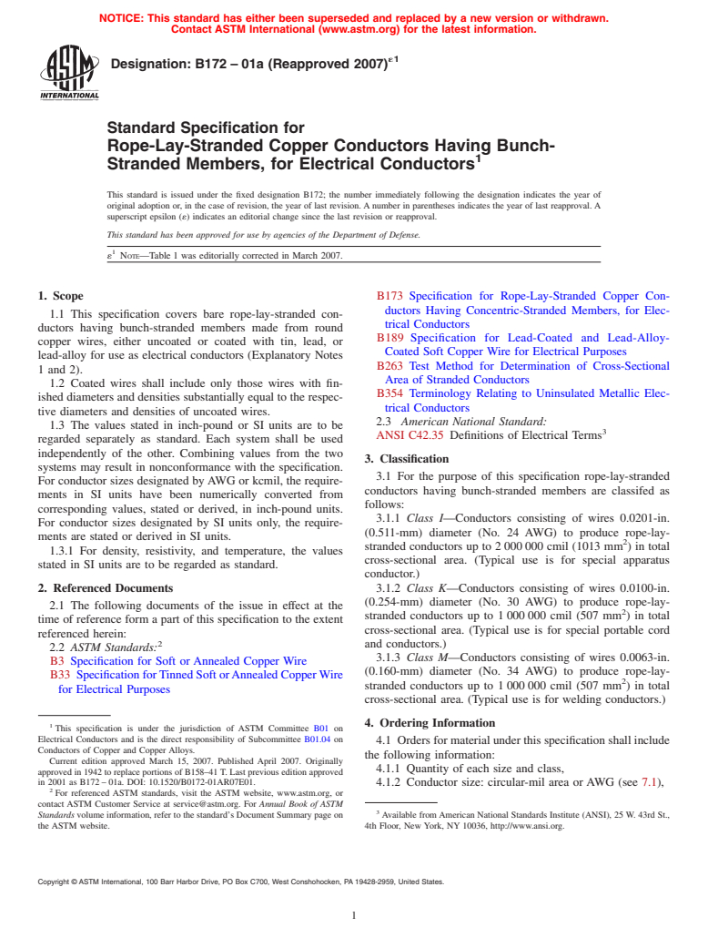 ASTM B172-01a(2007)e1 - Standard Specification for Rope-Lay-Stranded Copper Conductors Having Bunch-Stranded Members, for Electrical Conductors