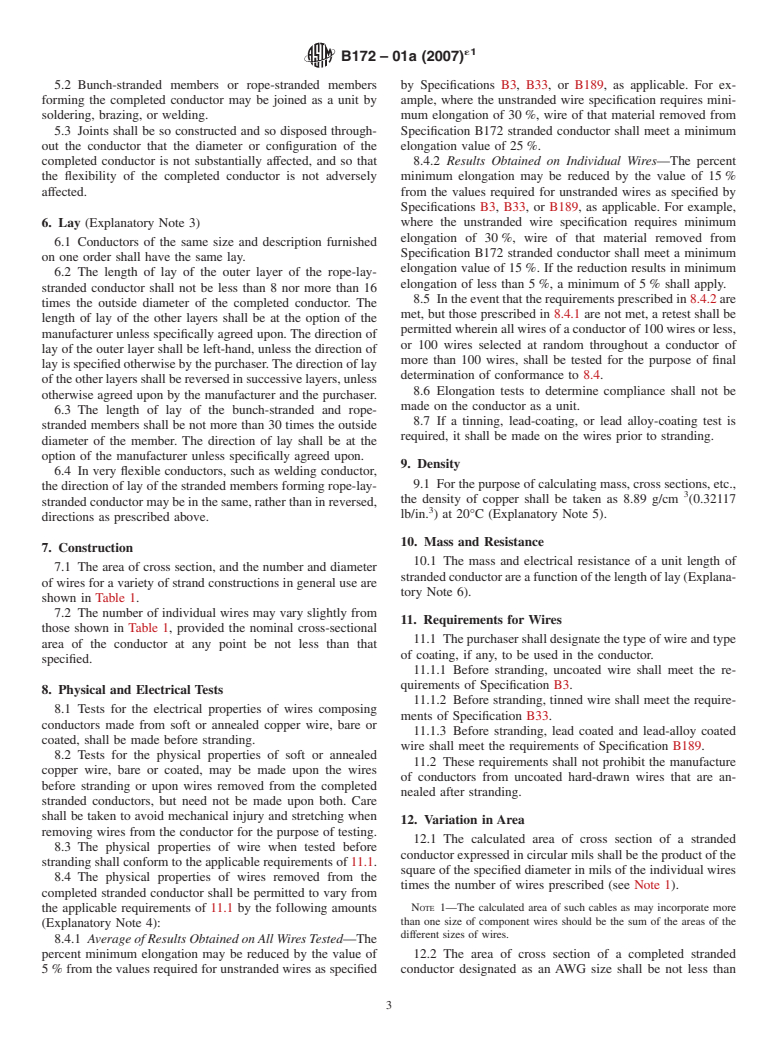 ASTM B172-01a(2007)e1 - Standard Specification for Rope-Lay-Stranded Copper Conductors Having Bunch-Stranded Members, for Electrical Conductors