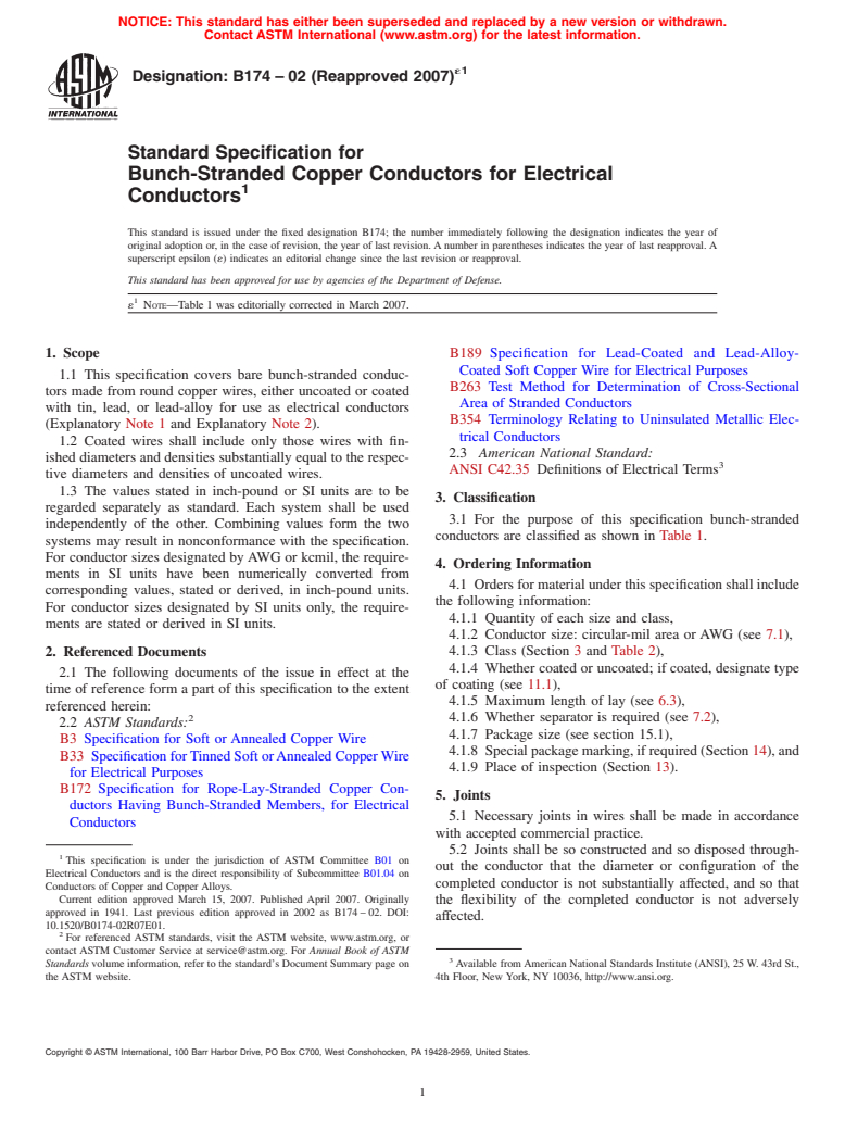 ASTM B174-02(2007)e1 - Standard Specification for Bunch-Stranded Copper Conductors for Electrical Conductors