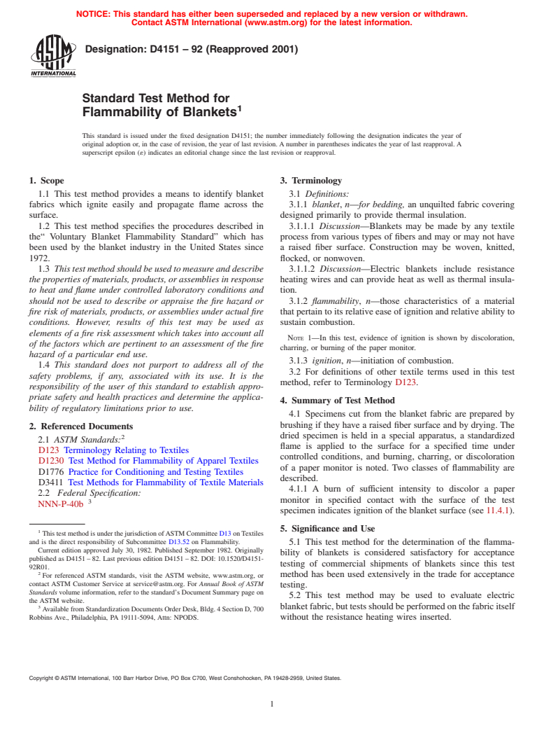 ASTM D4151-92(2001) - Standard Test Method for Flammability of Blankets (Withdrawn 2010)