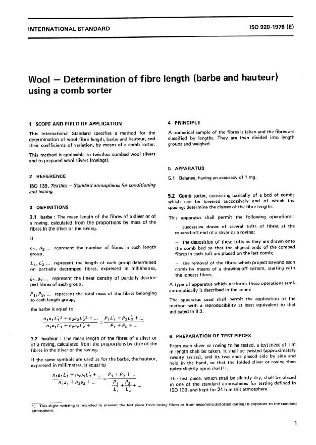 ISO 920:1976 - Wool -- Determination of fibre length (barbe and hauteur) using a comb sorter