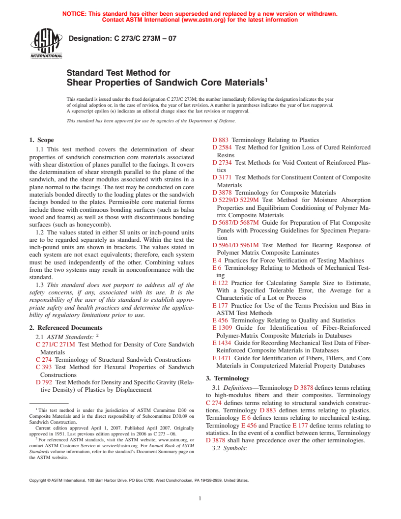 ASTM C273/C273M-07 - Standard Test Method for Shear Properties of Sandwich Core Materials