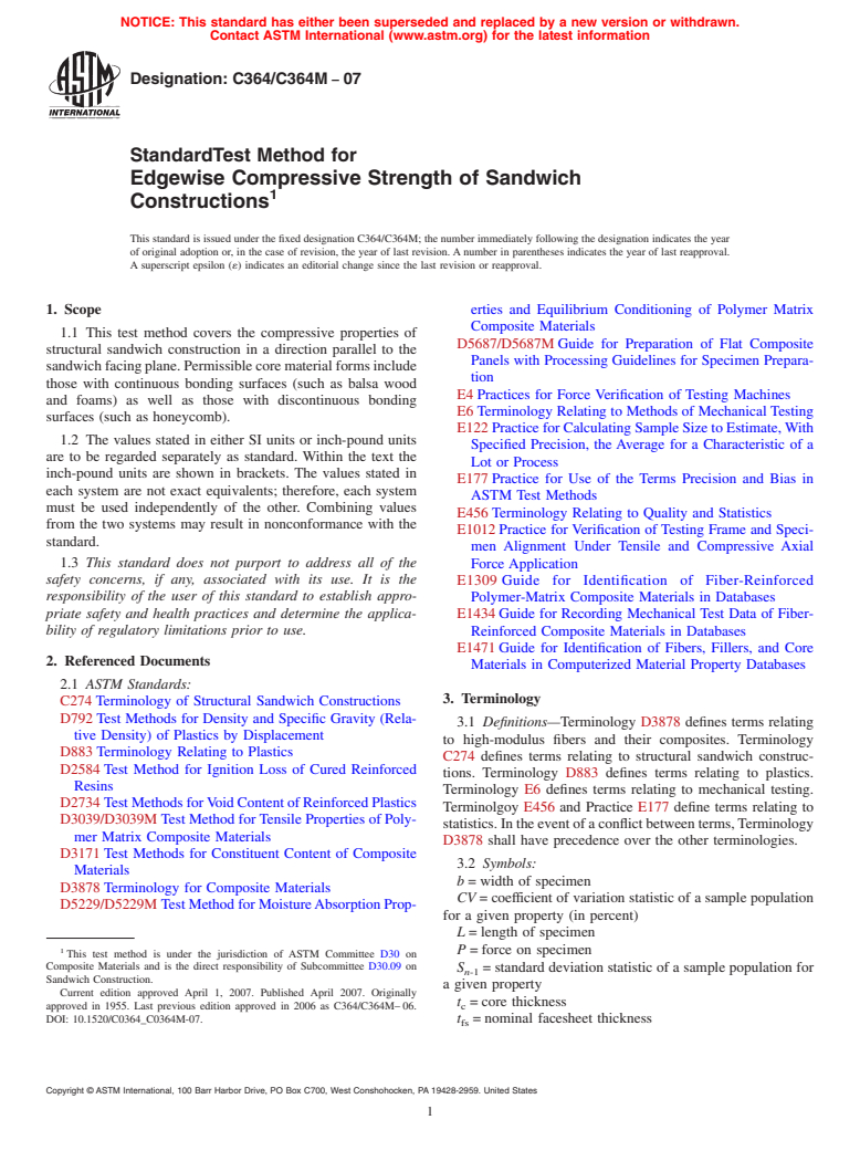 ASTM C364/C364M-07 - Standard Test Method for Edgewise Compressive Strength of Sandwich Constructions