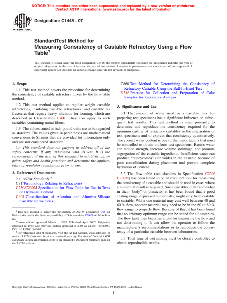 ASTM C1445-07 - Standard Test Method for Measuring Consistency of Castable Refractory Using a Flow Table