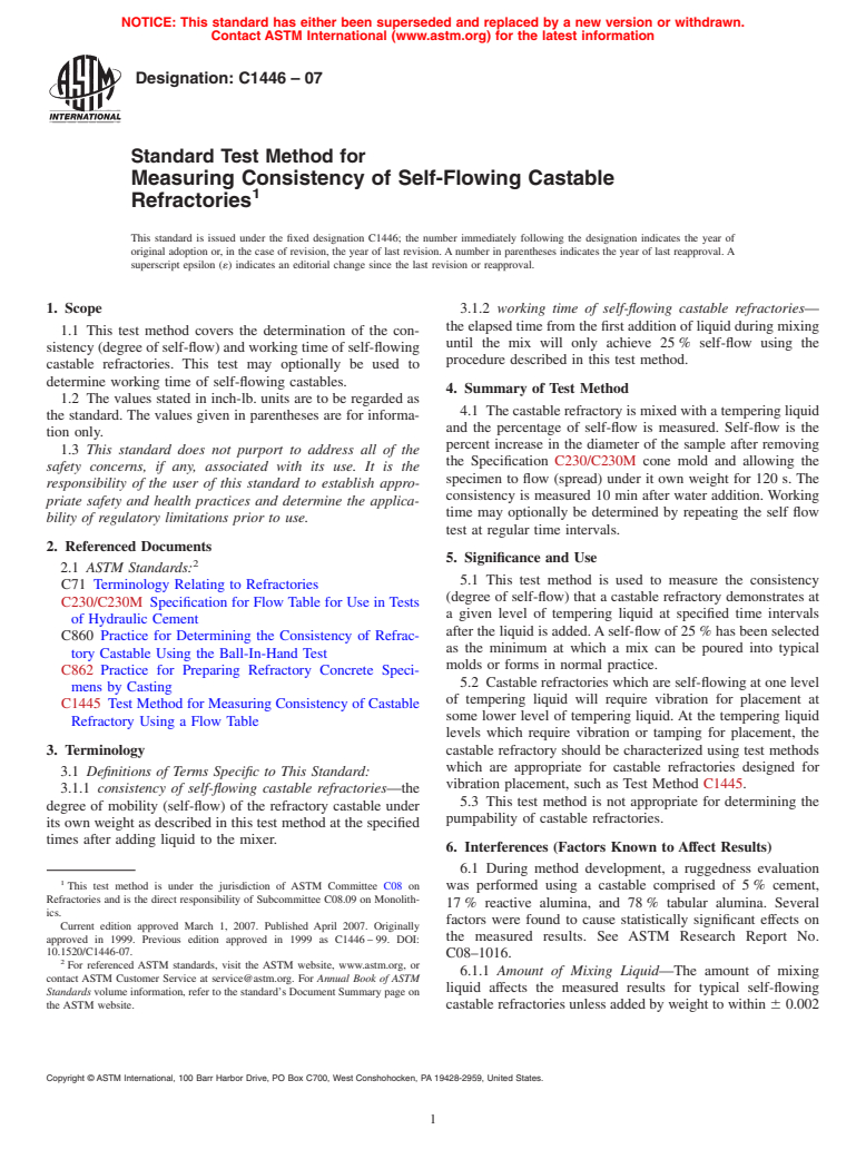 ASTM C1446-07 - Standard Test Method for Measuring Consistency of Self-Flowing Castable Refractories