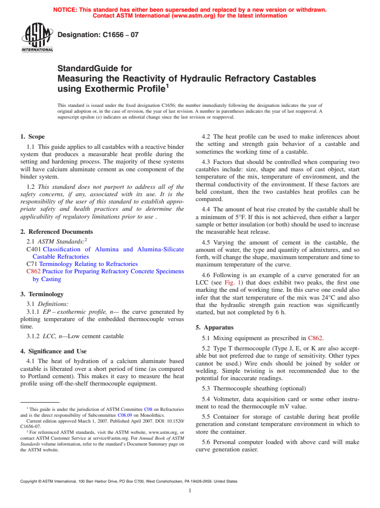 ASTM C1656-07 - Standard Guide for Measuring the Reactivity of Hydraulic Refractory Castables using Exothermic Profile