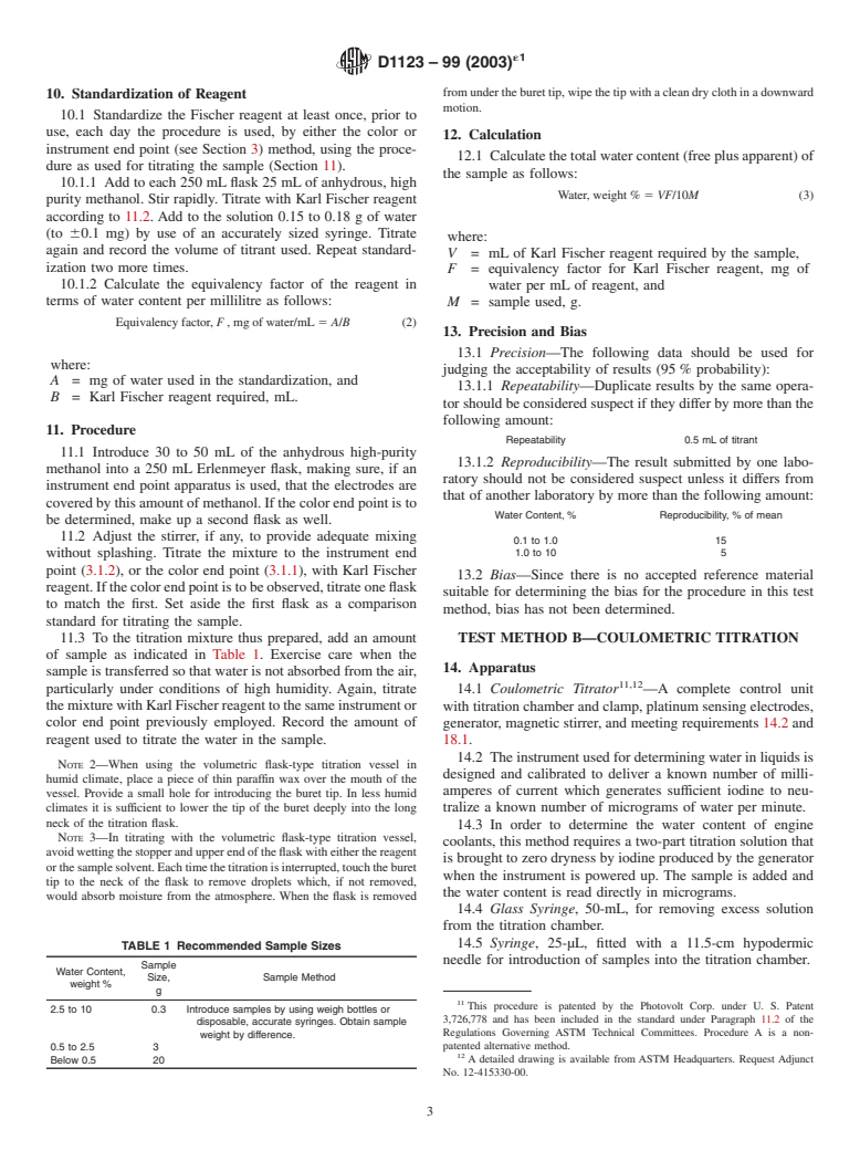 ASTM D1123-99(2003)e1 - Standard Test Methods for Water in Engine Coolant Concentrate by the Karl Fischer Reagent Method