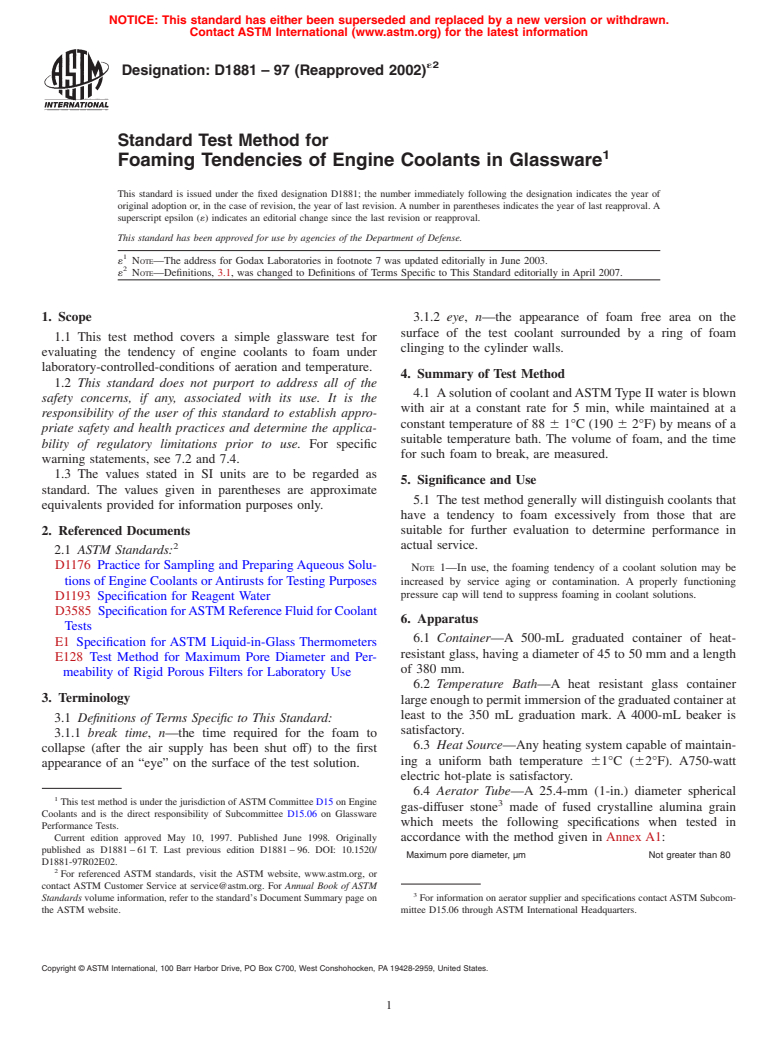 ASTM D1881-97(2002)e2 - Standard Test Method for Foaming Tendencies of Engine Coolants in Glassware