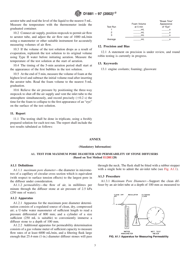 ASTM D1881-97(2002)e2 - Standard Test Method for Foaming Tendencies of Engine Coolants in Glassware