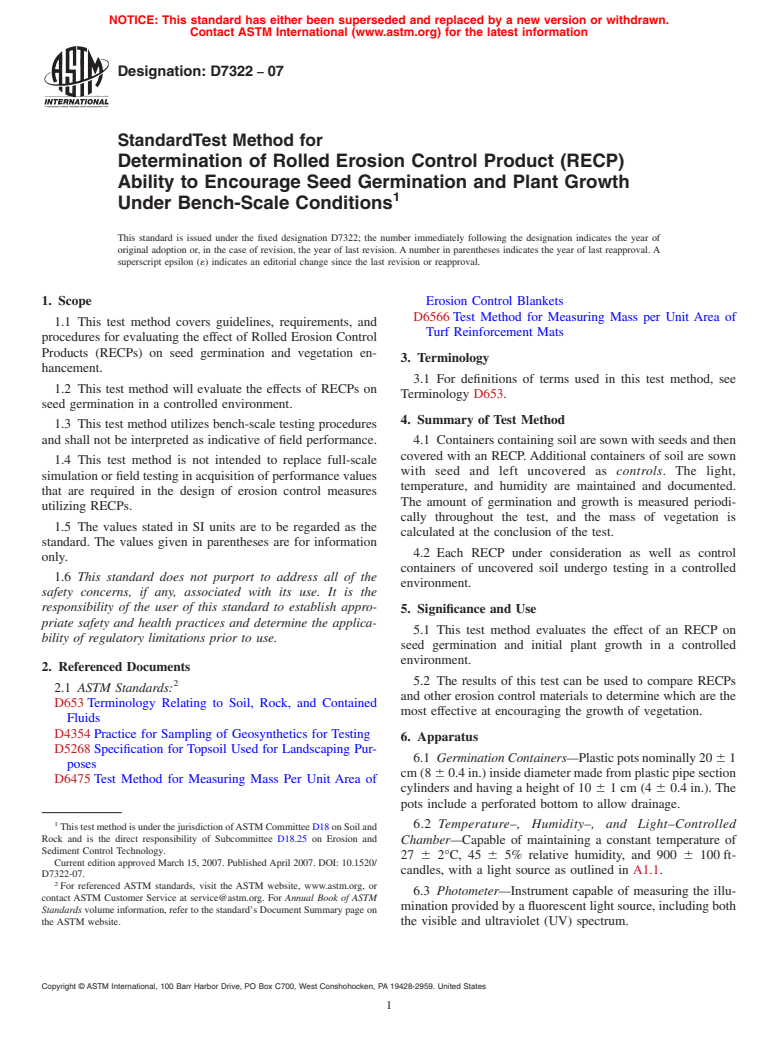 ASTM D7322-07 - Standard Test Method for Determination of Rolled Erosion Control Product (RECP) Ability to Encourage Seed Germination and Plant Growth Under Bench-Scale Conditions