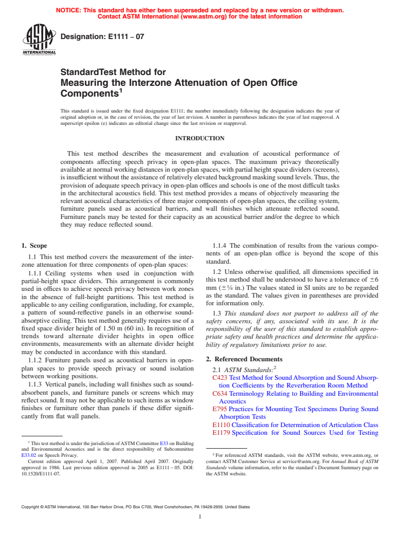 ASTM E1111-07 - Standard Test Method for Measuring the Interzone Attenuation of Open Office Components