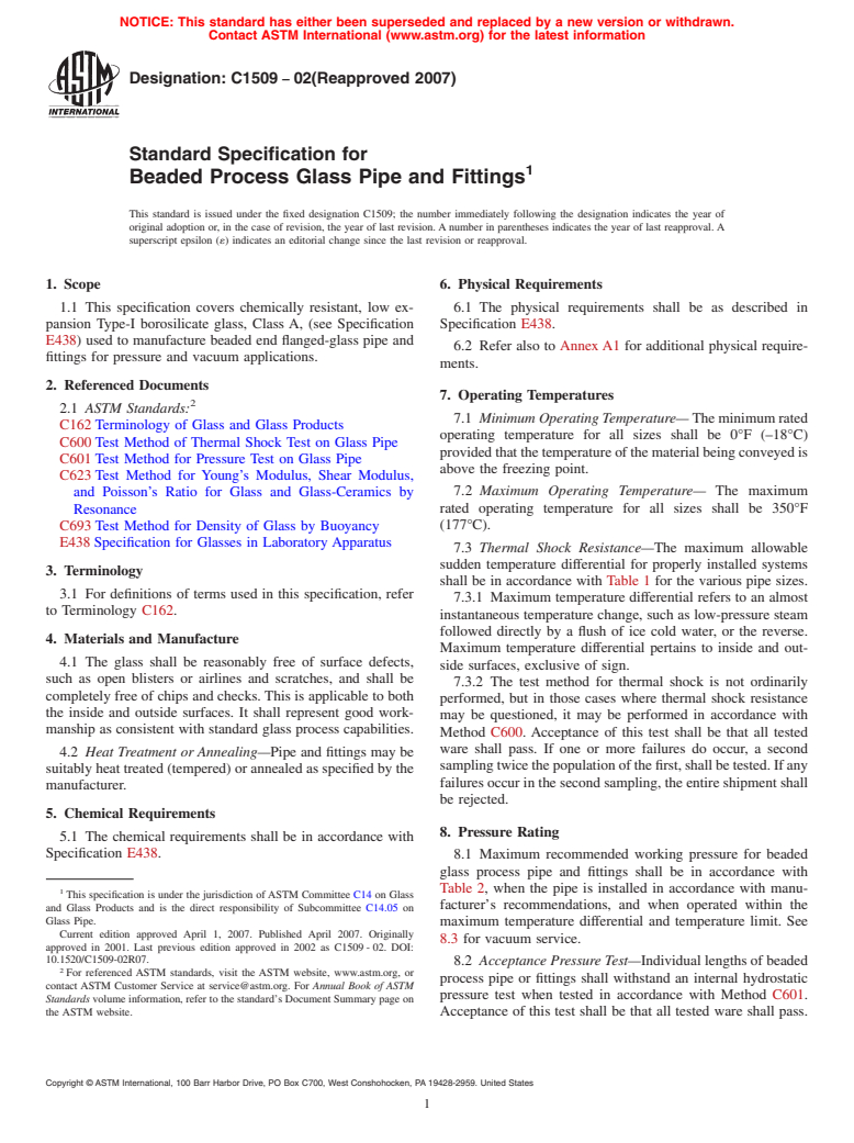 ASTM C1509-02(2007) - Standard Specification for Beaded Process Glass Pipe and Fittings